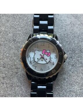 Sanrio Hello Kitty Womens Watch 39mm Black Stainless Steel Case & Band A6